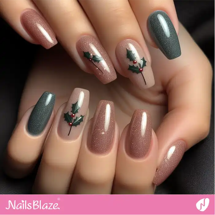 Holly Leaf Glitter Nails | Nature-inspired Nails - NB1652